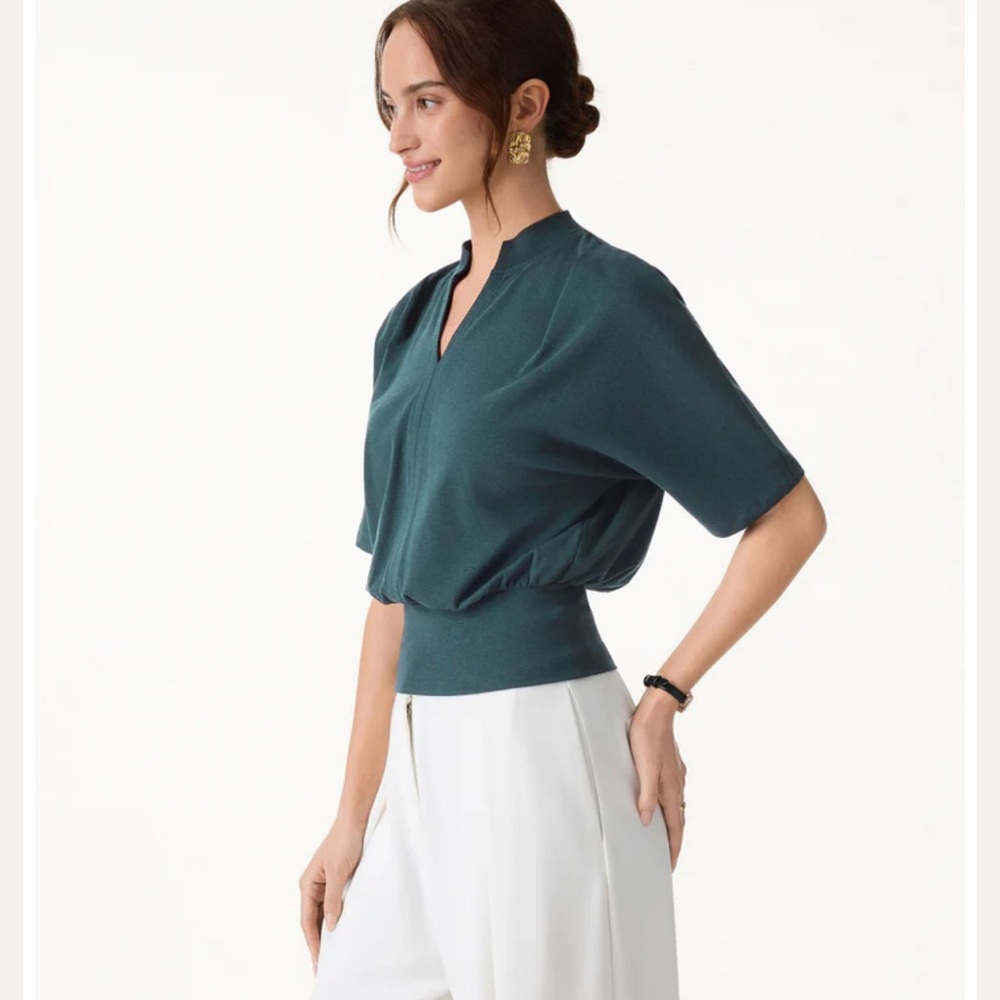 OGL Teal Short-Sleeve Banded-Waist Blouse